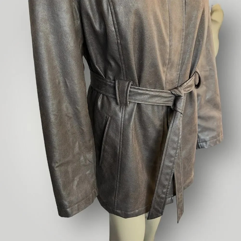 Giacca Vintage Faux Leather Belted Peacoat Jacket Faux Fur Collar Size XL Brown - Picture 7 of 16